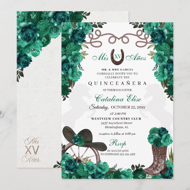 Invitación Green Western Charro Ranchero Quinceanera (Anverso / Reverso)