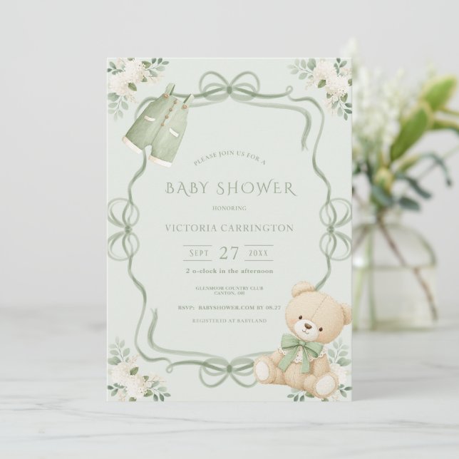 Invitación Green Whimsical Frame Vintage Bear  (Anverso de pie)