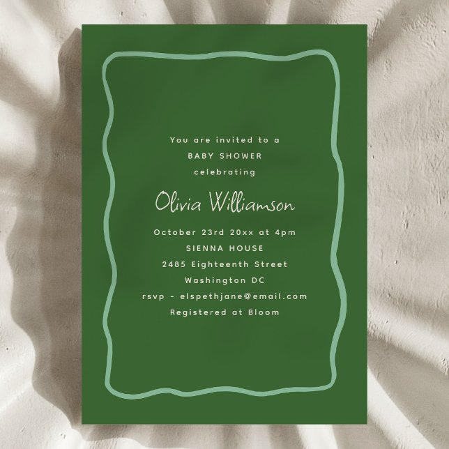 Invitación Green Whimsy Wavy Border Modern Script Baby Shower (Subido por el creador)