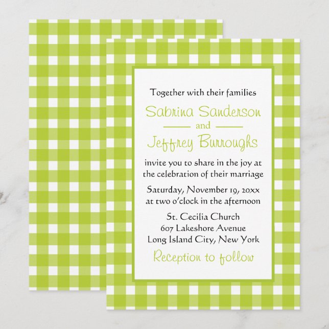 Invitación Green White Gingham Plaid Checks Country Wedding (Anverso / Reverso)