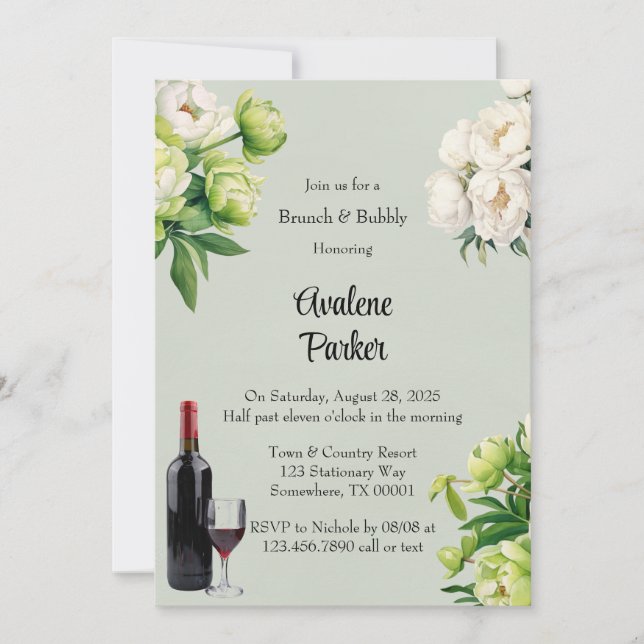Invitación Green White Peony Elegante Brunch & Bubbly (Anverso)