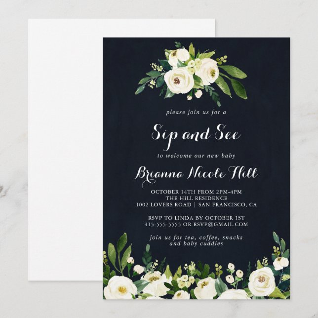Invitación Green White Royal Blue Floral Sip and See (Anverso / Reverso)