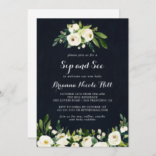 Invitación Green White Royal Blue Floral Sip and See