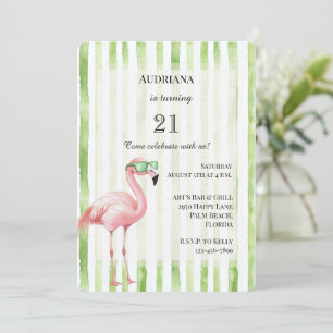 Invitación Green White Stripes Pink Flamingo Cumpleaños
