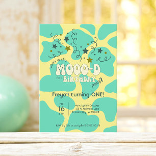 Invitación Green Who's in the MOOO-D Cow Print 1er cumpleaños