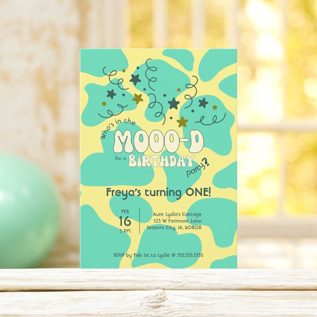 Invitación Green Who's in the MOOO-D Cow Print 1er cumpleaños (Subido por el creador)