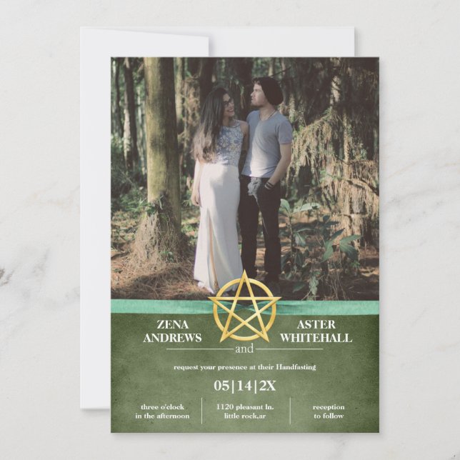 Invitación Green Wiccan Vintage Gold Pentacle Handfasting (Anverso)