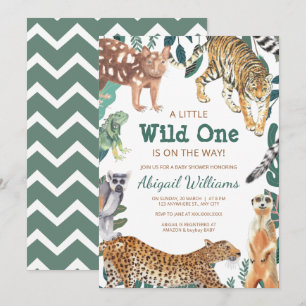 Invitación Green Wild One Safari Animals Baby Shower