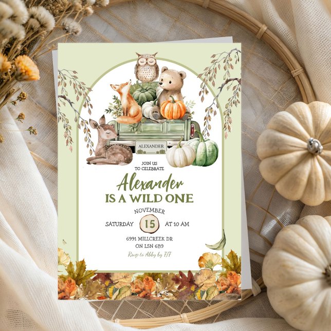 Invitación Green Wild One Woodland Calabaza Truck 1er cumplea (Subido por el creador)