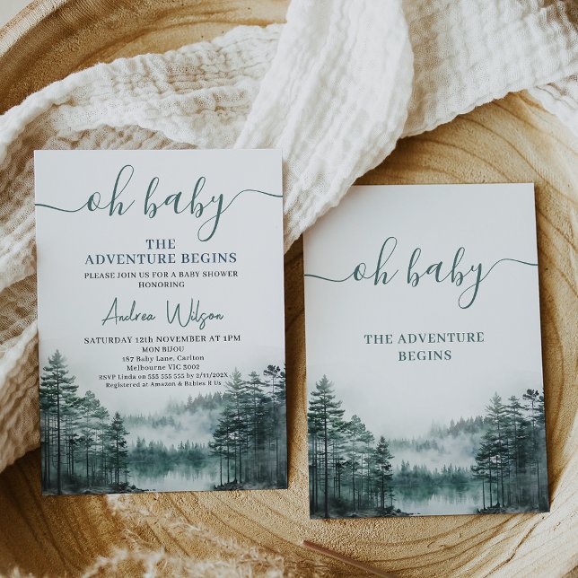 Invitación Green Wilderness Let Adventure Begin Baby Shower (Green gender neutral wilderness baby shower invitation, The adventure begins baby shower invitation)