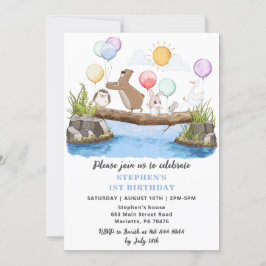 Invitación Green Woodland Balloons Birthday Party