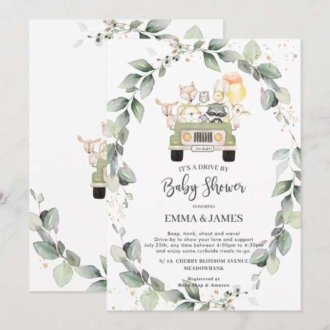 Invitación Green Woodland Drive De Baby Shower Neutral (Anverso / Reverso)