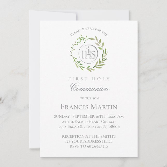 Invitación  green wreath first holy communion (Anverso)