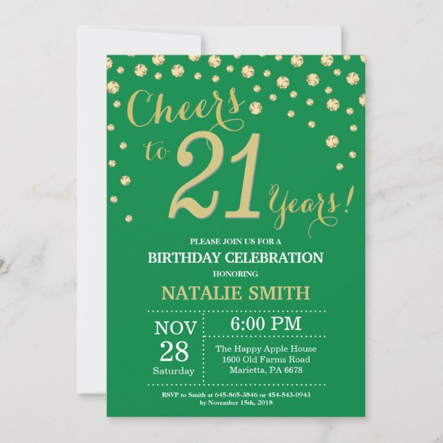 Invitación Green y Gold 21st Birthday Diamond (Anverso)