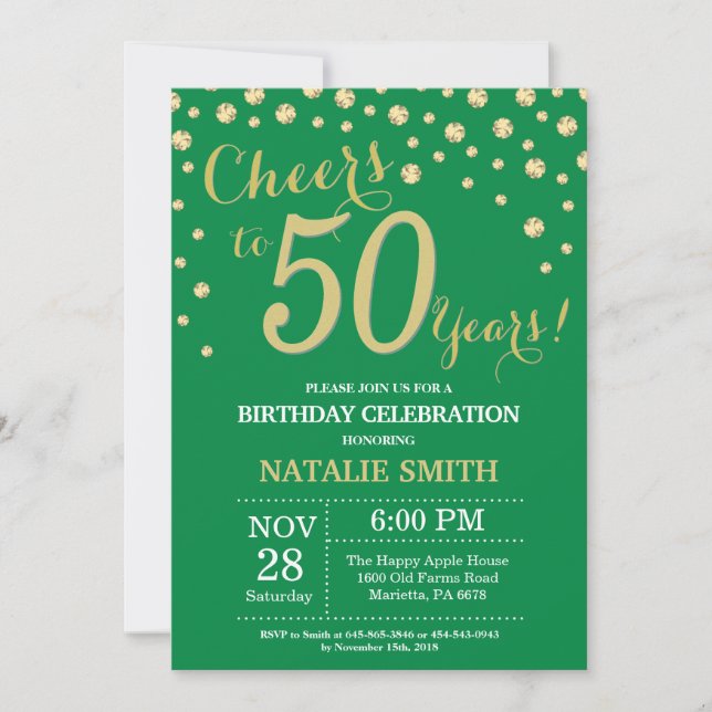 Invitación Green y Gold 50 Birthday Diamond (Anverso)