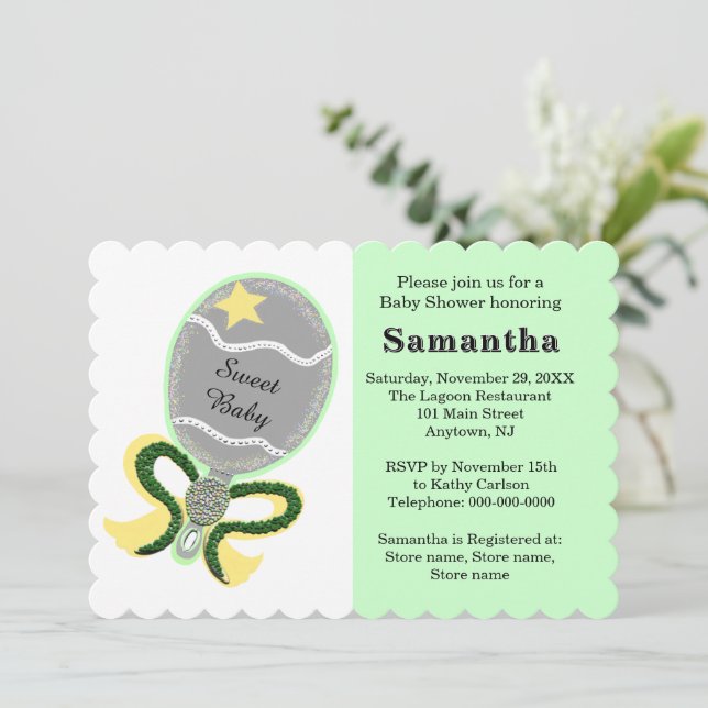 Invitación Green Yellow Sta Baby Shower Rattle (Anverso de pie)