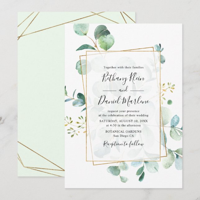 Invitación Greeneración de eucalipto con Boda de cuadro geomé (Anverso / Reverso)