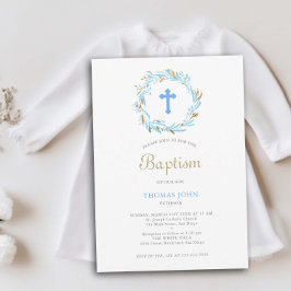 Invitación Greeneration Blue Cross Gold Elegant Baby Boy Bapt