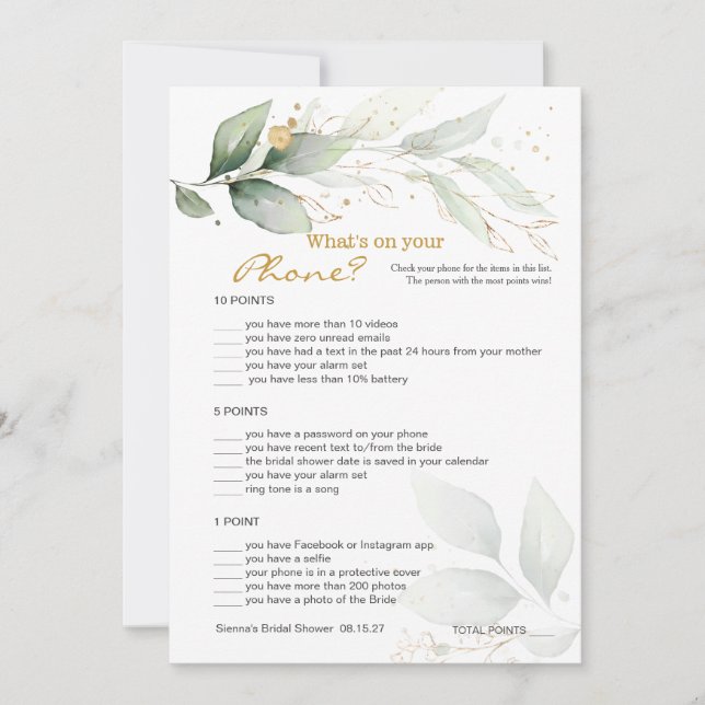 Invitación Greeneration Bridal Phone juego/Boda Scramble (Anverso)