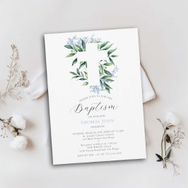 Invitación Greeneration Cross Blue Botanical Baby Boy Baptism