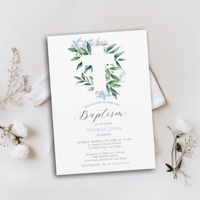 Invitación Greeneration Cross Blue Botanical Baby Boy Baptism (baby boy baptism invitation greenery white cross foliage watercolor elegant simple classic modern)