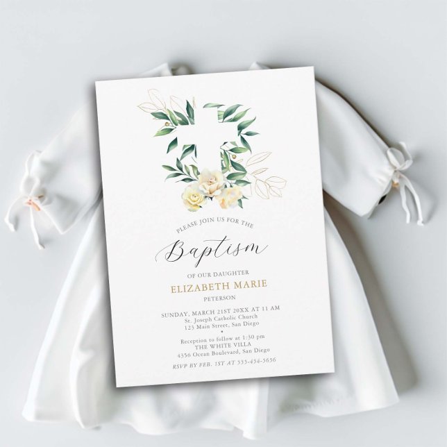 Invitación Greeneration Cross Yellow Floral Baby Baptism (greenery white cross yellow floral baby todder baptism christnening invitation elegant modern classy)