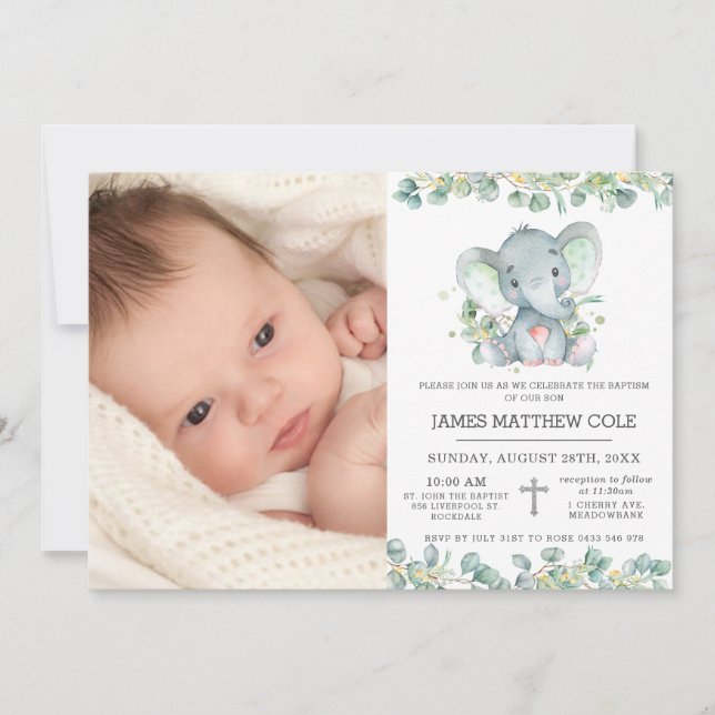 Invitación Greeneration Cute Elephant Baptism Christening Pho (Anverso)