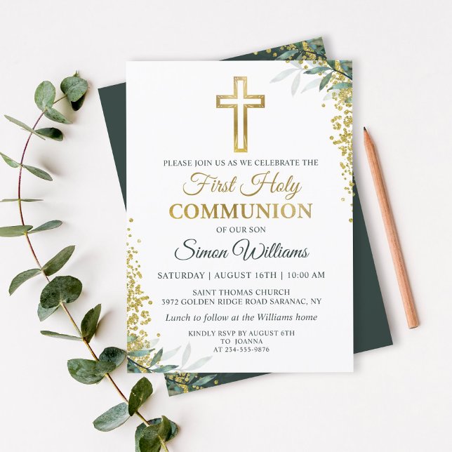 Invitación Greeneration Gold Cross Purpurina First Holy Commu (Subido por el creador)