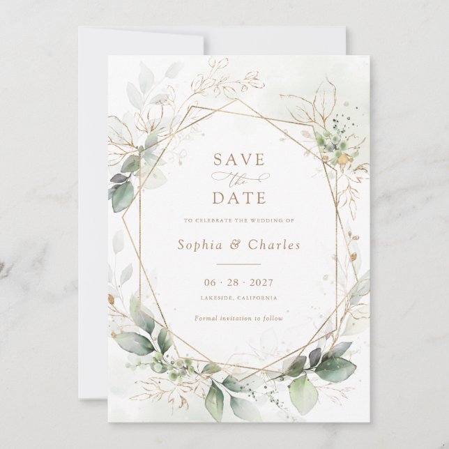 Invitación Greeneration Gold deja al Boda geométrico fecha de (Anverso)