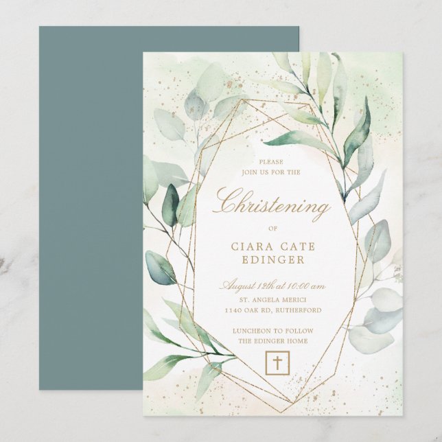 Invitación Greeneration Gold Geometric Eucalyptus Christening (Anverso / Reverso)