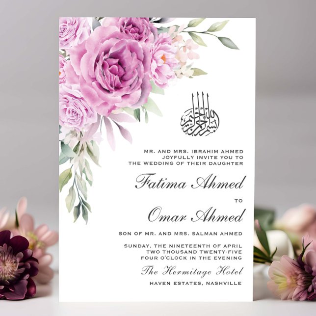 Invitación Greeneration Purple Floral QR Código musulmán Boda (Subido por el creador)