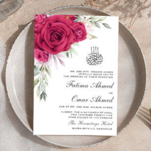 Invitación Greeneration Red Floral Código QR Boda musulmán