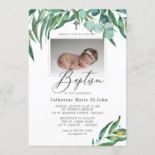 Invitación Greeneration Rustic Eucalyptus Photo Baptism