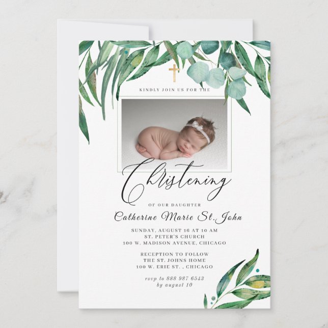 Invitación Greeneration Rustic Eucalyptus Photo Christening (Anverso)