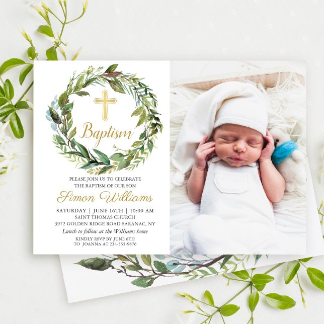 Invitación Greeneration Wreath Gold Cross Boy Baptism Photo (Subido por el creador)