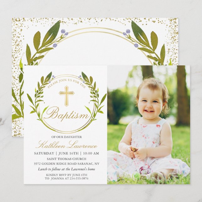 Invitación Greeneration Wreath Gold Cross Chica Baptism Photo (Anverso / Reverso)