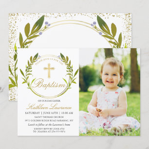 Invitación Greeneration Wreath Gold Cross Chica Baptism Photo