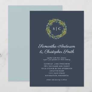 Invitación Greeneration Wreath Monograma Boda azul Verde azul