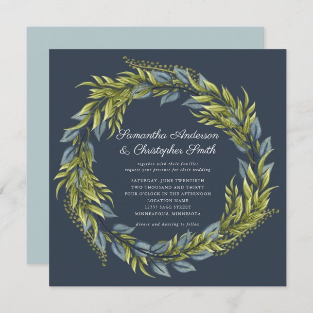 Invitación Greeneration Wreath Watercolor Oscuro Boda azul Ve (Anverso / Reverso)