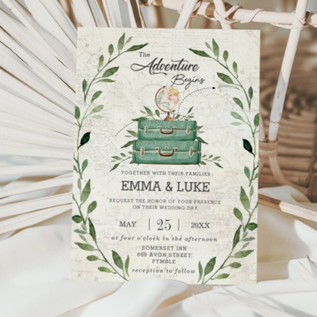 Invitación Greenery Adventure Boda Suitcase Travel Journey (greenery-the-adventure-begins-stacked-suitcases-globe-travel-wedding-invitation-cards-printed)
