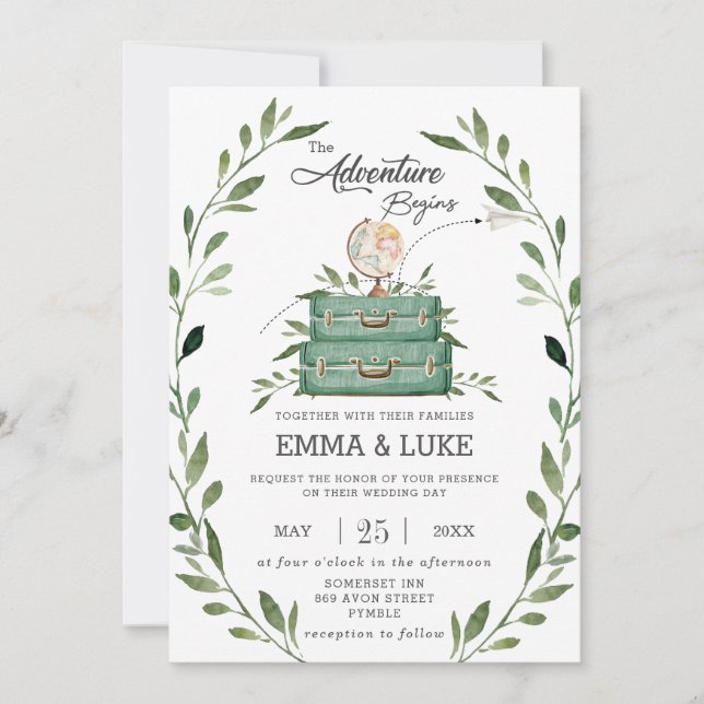 Invitación Greenery Adventure Boda Suitcase Travel Voyage (Anverso)