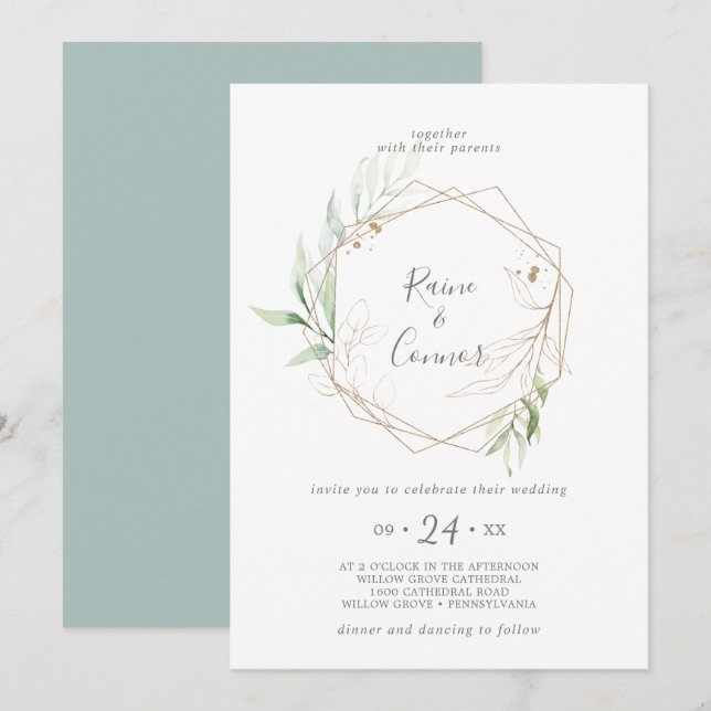 Invitación Greenery Airy y Gold Leaf Wreath Boda (Anverso / Reverso)