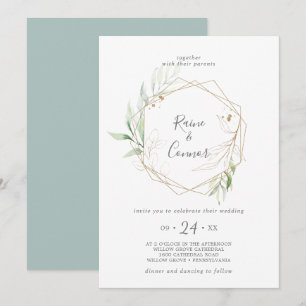 Invitación Greenery Airy y Gold Leaf Wreath Boda