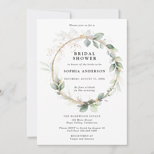 Invitación Greenery and Gold Bridal Shower Invitation (Anverso)