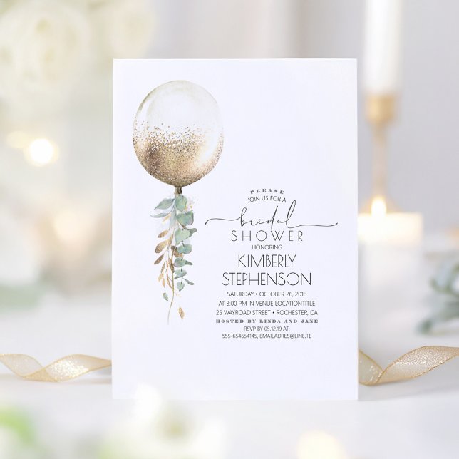 Invitación Greenery and Gold Glitter Balloon Bridal Shower (Elegant Gold and Green Bridal Shower Invitations)