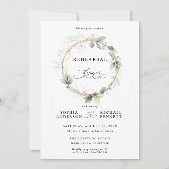 Invitación Greenery and Gold Wedding Rehearsal Dinner (Anverso)