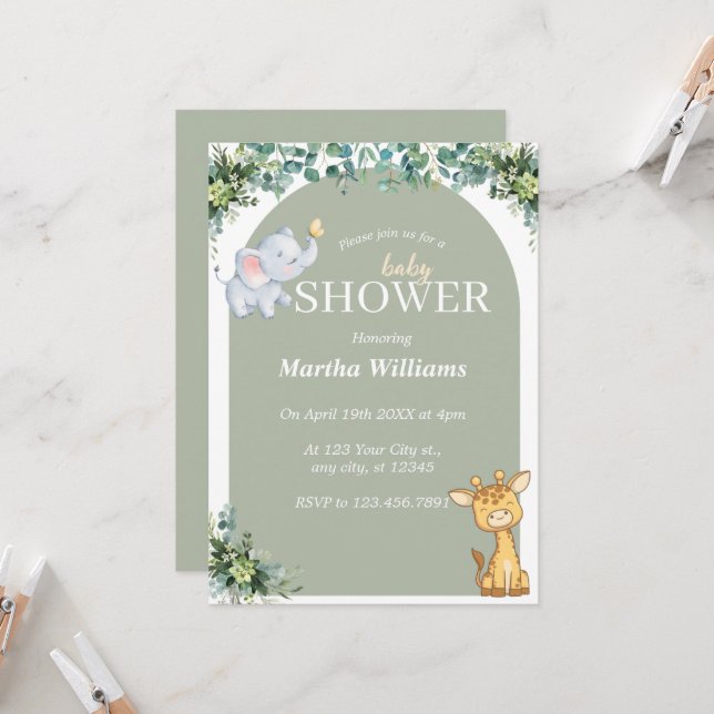 Invitación Greenery Animal Neutral Baby Shower (Anverso/Reverso In Situ)