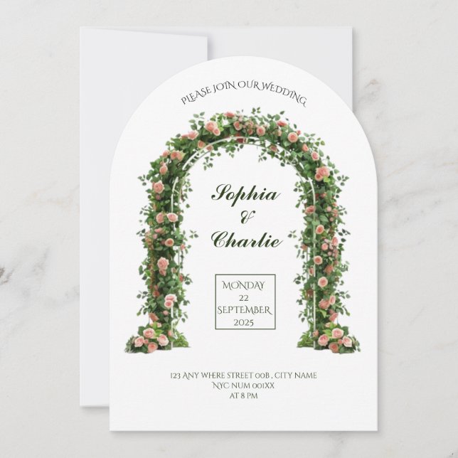 Invitación greenery arch flowers romantic wedding invitation (Anverso)