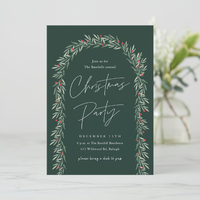 Invitación Greenery Arch Navidades de escritura moderna Fiest (Anverso de pie)