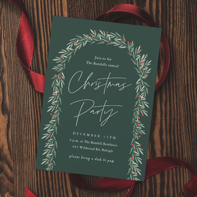 Invitación Greenery Arch Navidades de escritura moderna Fiest (Elegant Hand-painted Greenery Arch Christmas Party Invitaitons.)